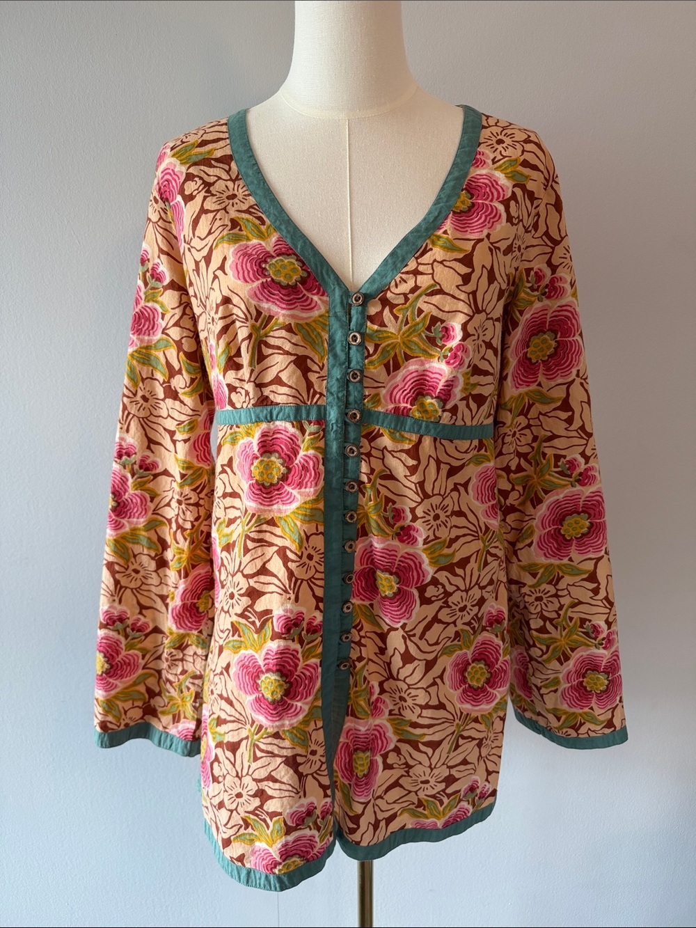 Lucky Brand India Pink Floral Button-Front Top with Teal Trim